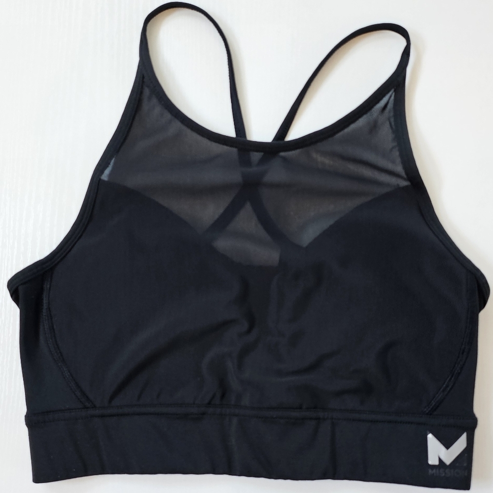 MISSION | Vapor Active Black Mesh High Neck Sports Bra – Strappy Back Activewear